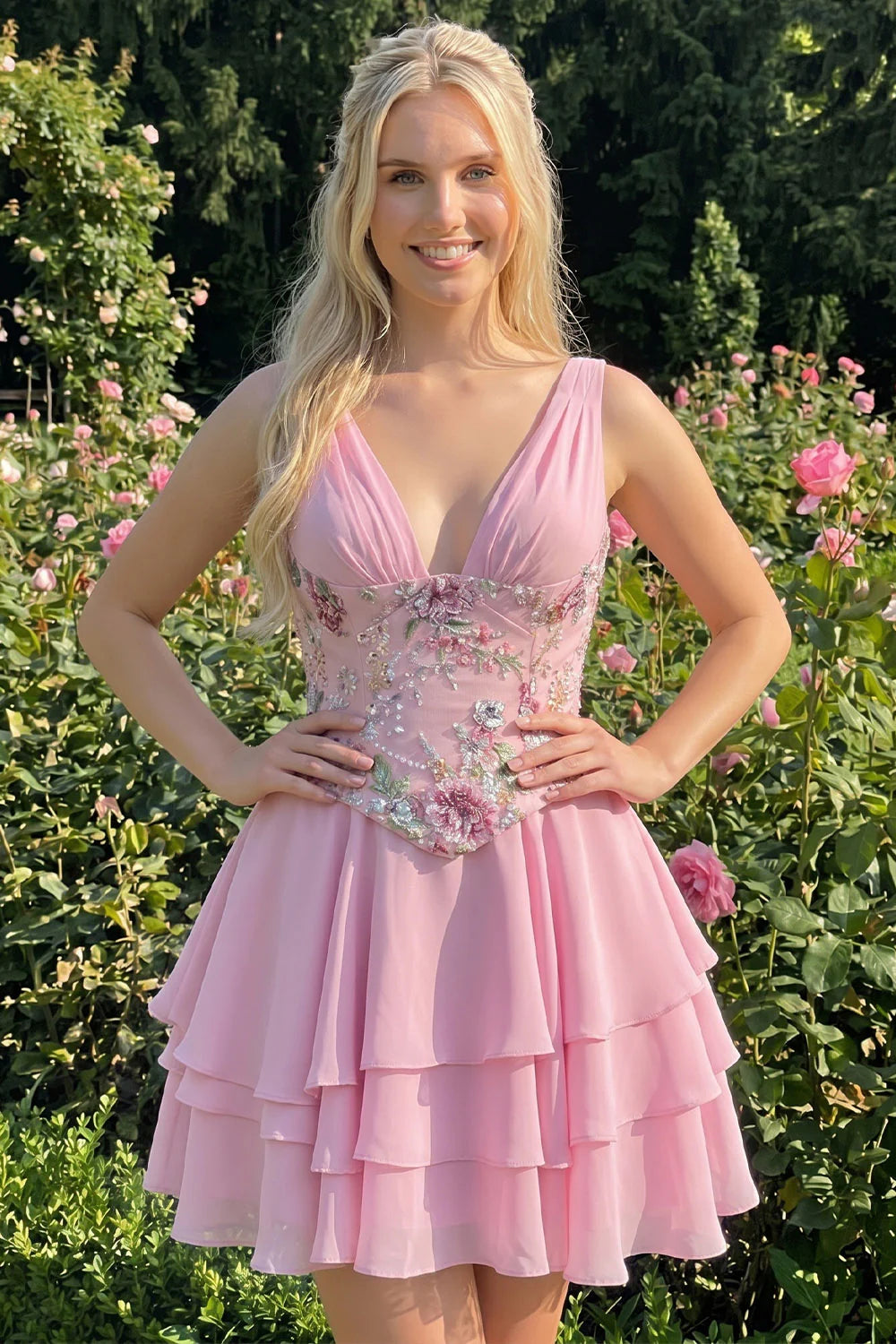 Pink Floral Appliqued V Neck Tiered A Line Homecoming Dress