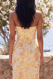 Yellow Strapless Floral Sheath Wedding Guest Dress