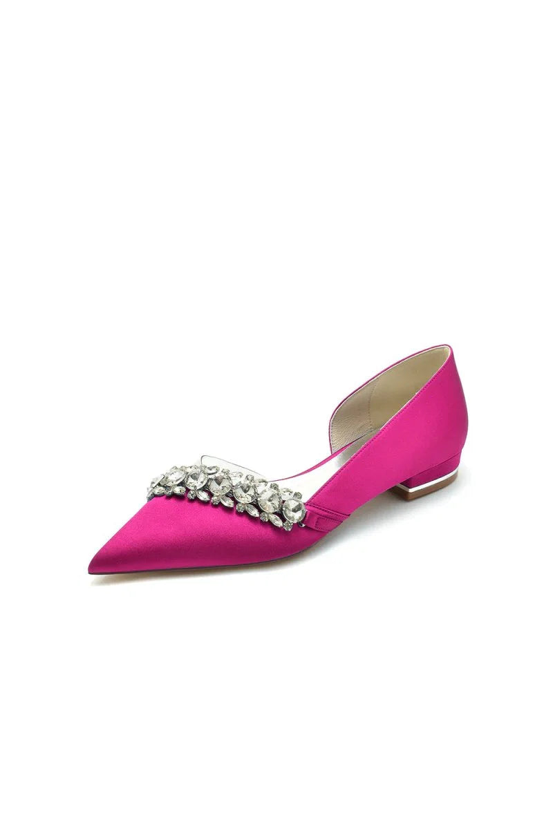 Pointed Toe Slip on Satin Low Heels With Rhinestone