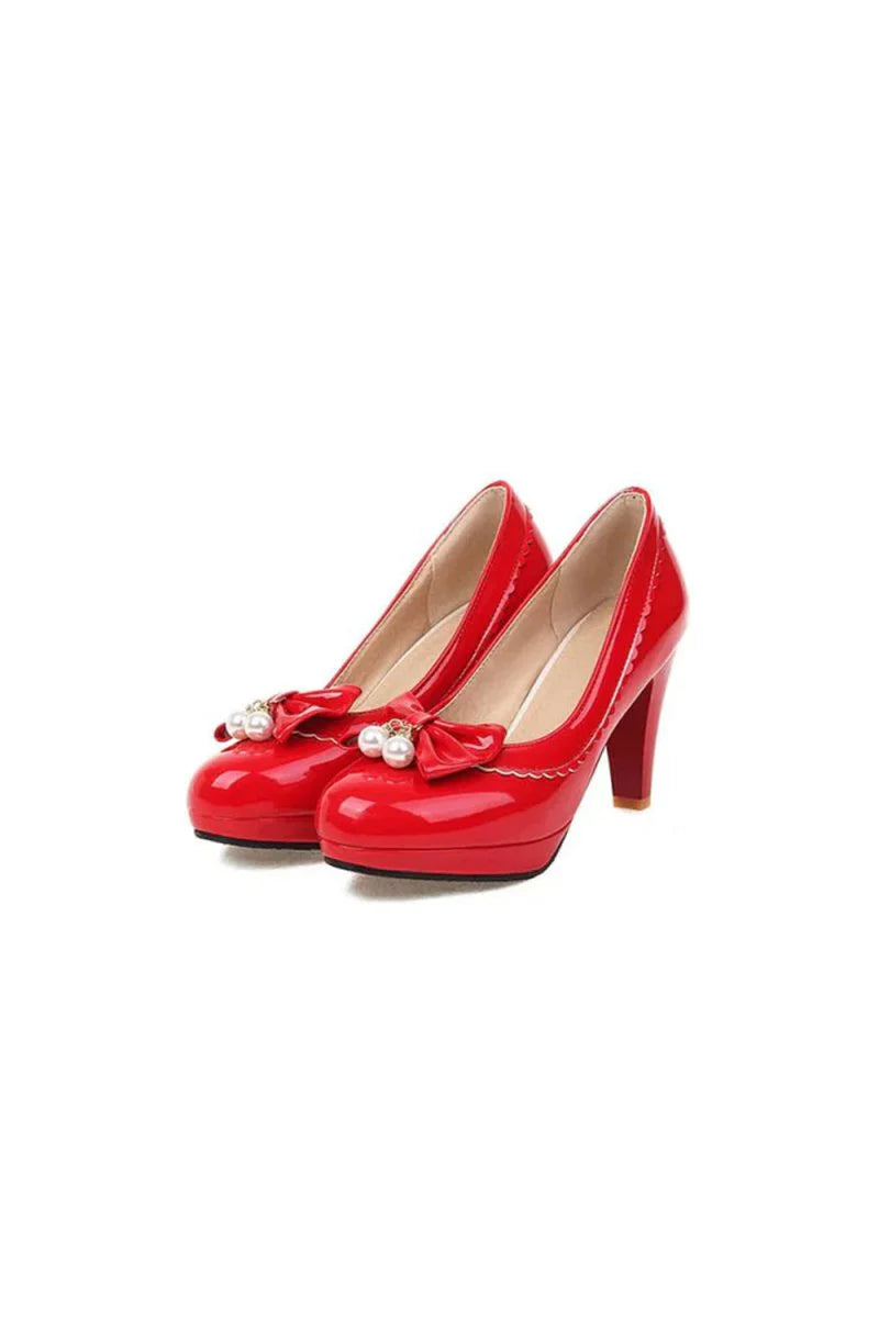 Retro Bow Pearl High Heels Shoes