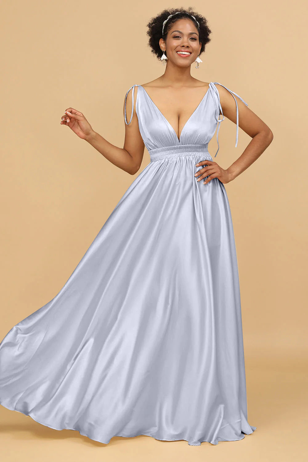 A Line Deep V Neck Backless Floor Length Bridesmaid Dress