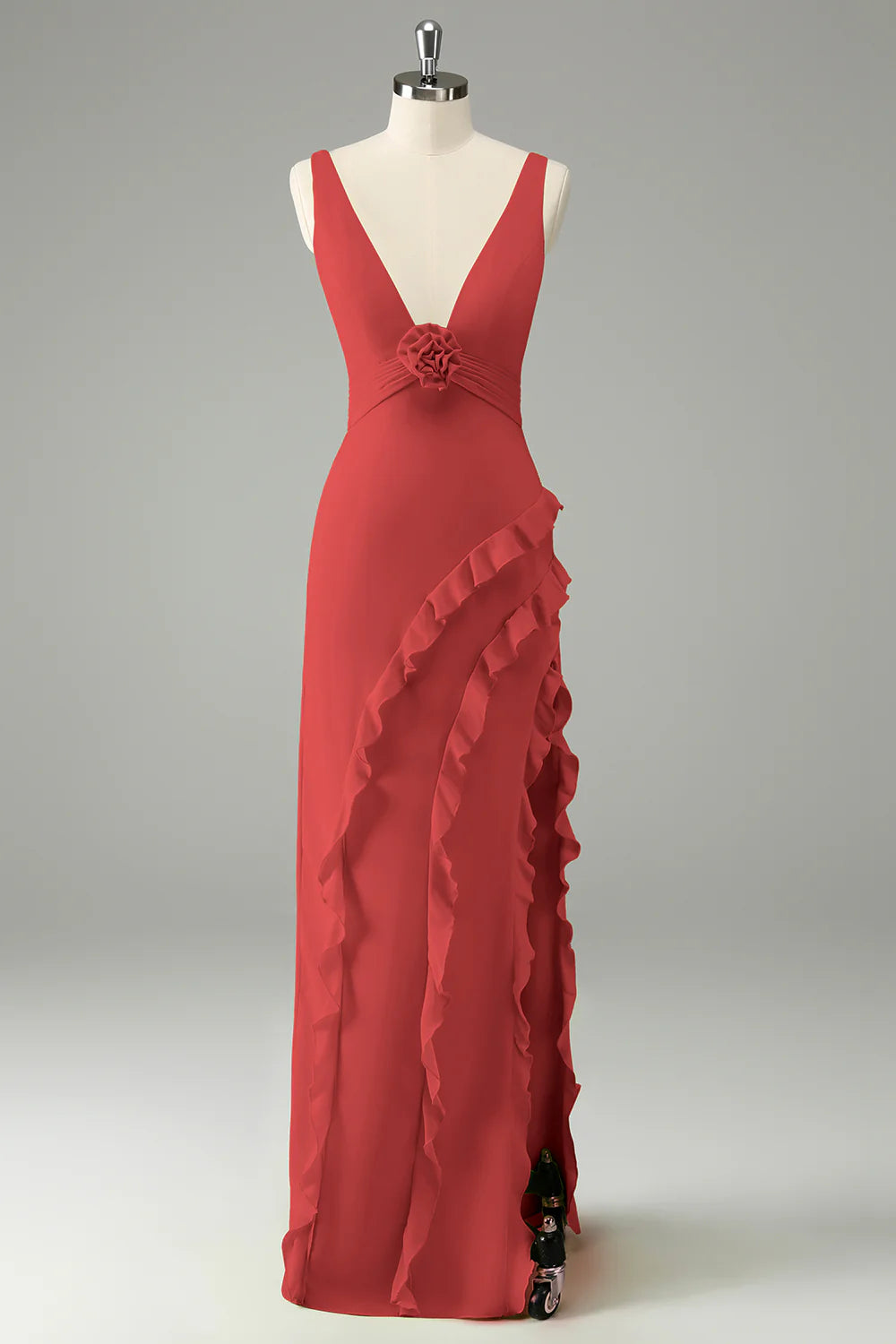 Lime A Line V Neck Floral Ruffle Open Back Bridesmaid Dress with Slit