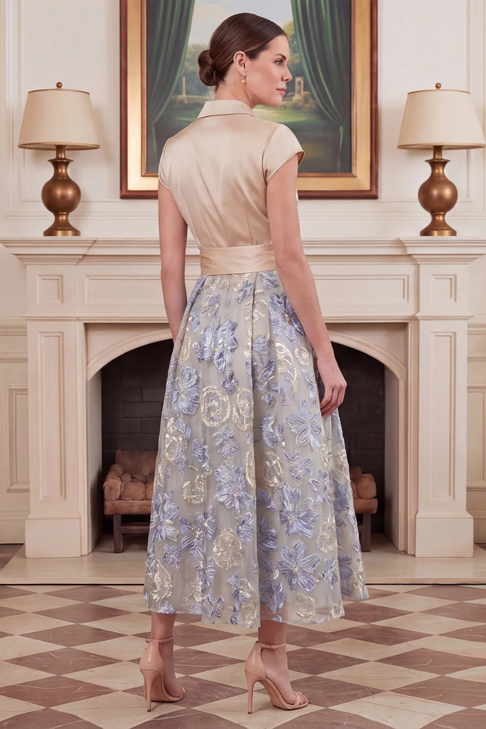 A Line Floral Jacquard Champagne Midi Mother of the Bride Dress with Flutter Sleeves
