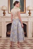 A Line Floral Jacquard Champagne Midi Mother of the Bride Dress with Flutter Sleeves