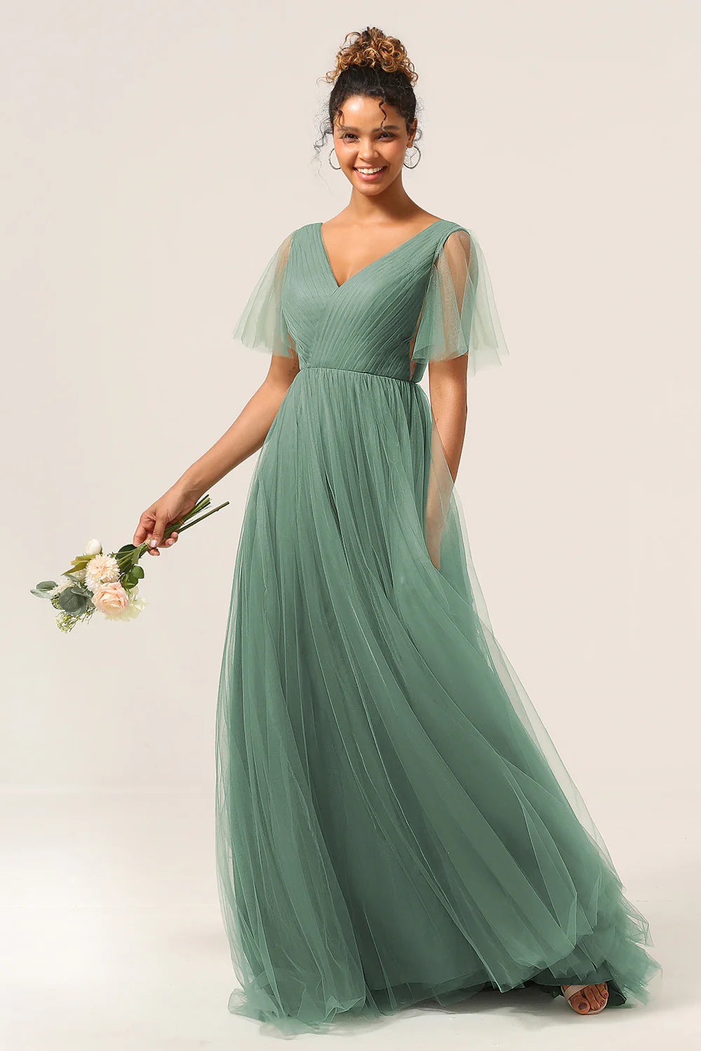 Eucalyptus A Line V Neck Open Back Floor Length Tulle Bridesmaid Dress