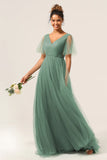 Eucalyptus A Line V Neck Open Back Floor Length Tulle Bridesmaid Dress