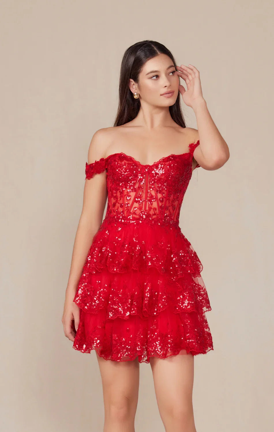 BRENNA MINI DRESS RED OFF SHOULDER TIERED SHORT DRESS