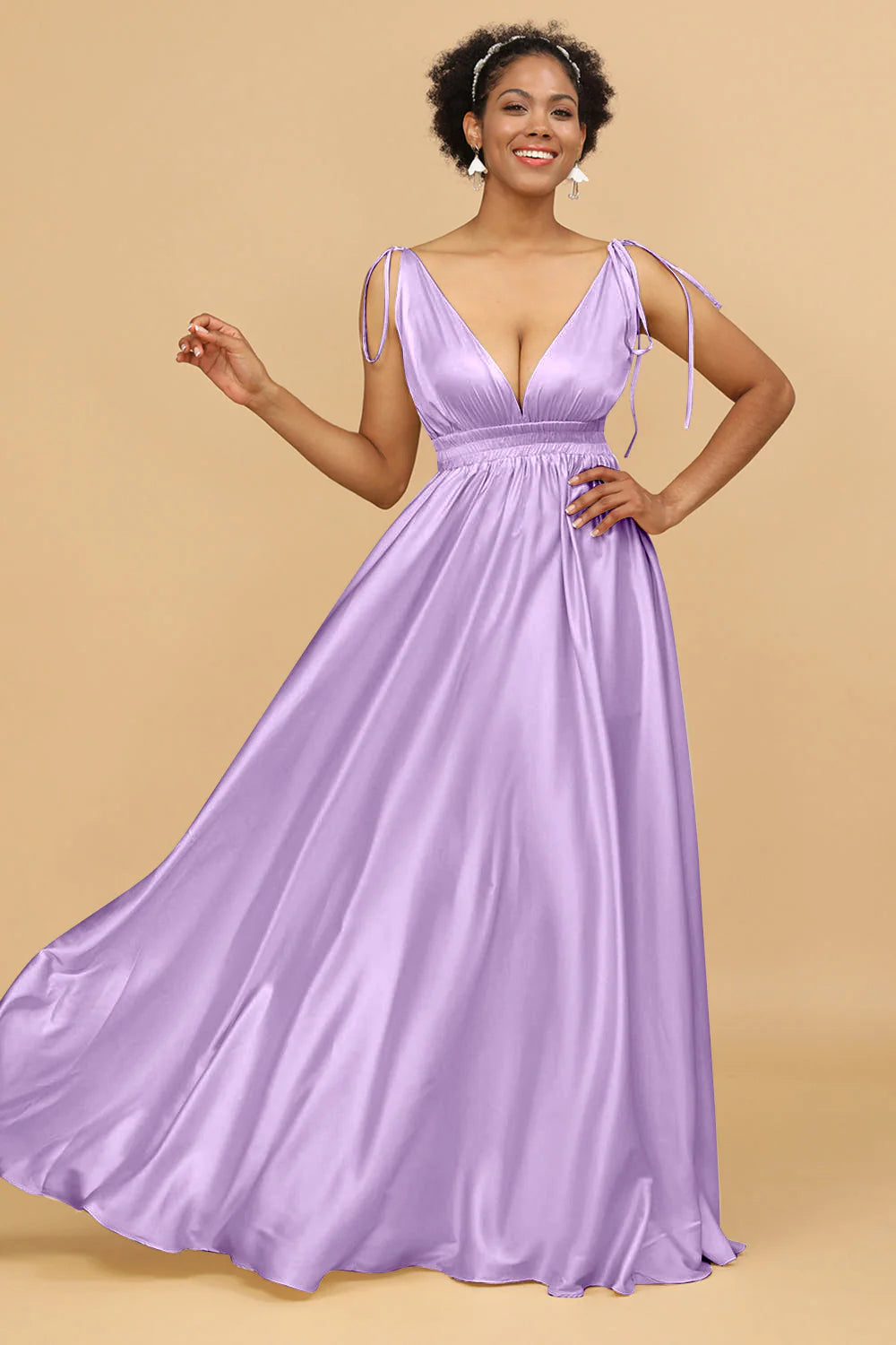 A Line Deep V Neck Backless Floor Length Bridesmaid Dress