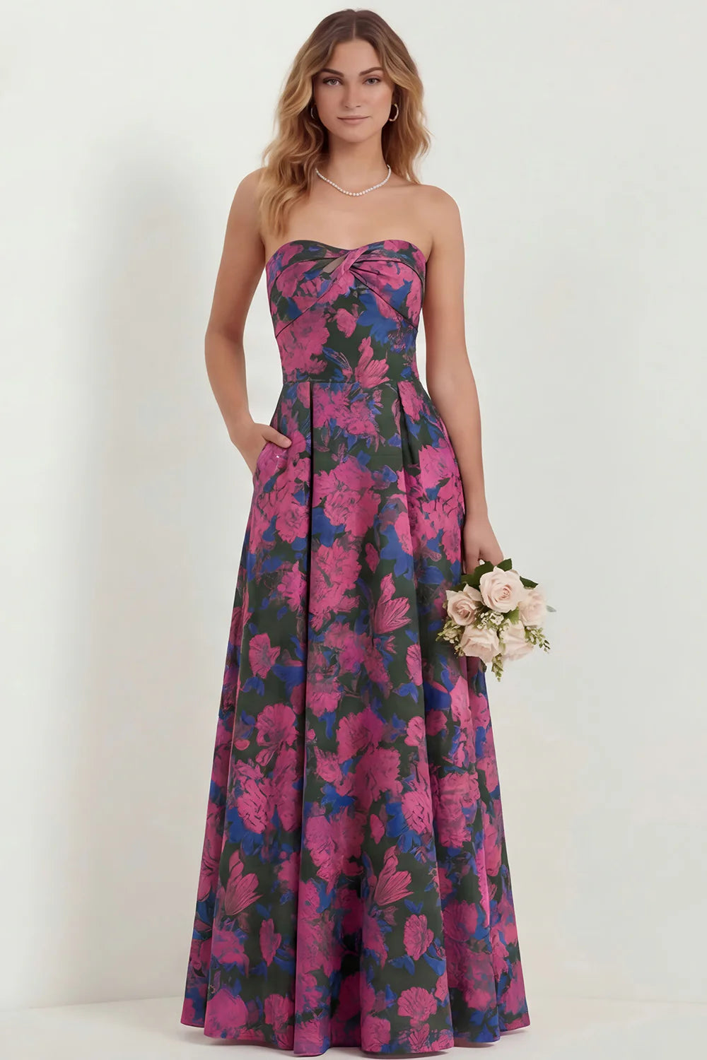 Light Blue Floral Sweetheart A Line Printed Maxi Dress with Pockets