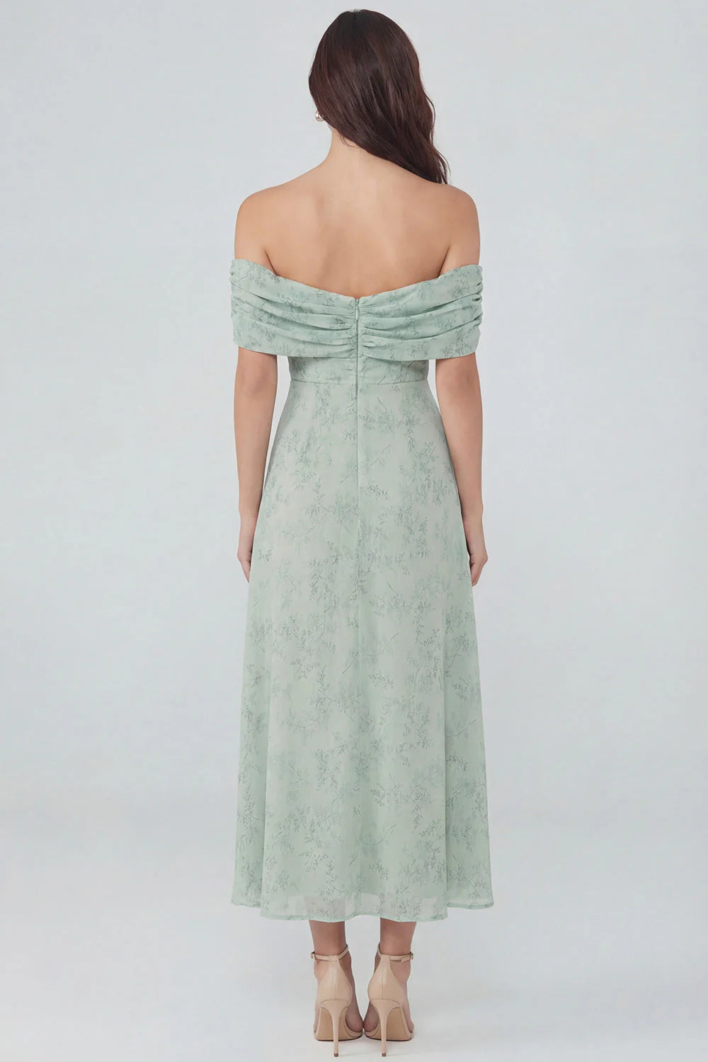 Off the Shoulder Floral Dusty Sage Midi Wedding Guest Dress with Slit