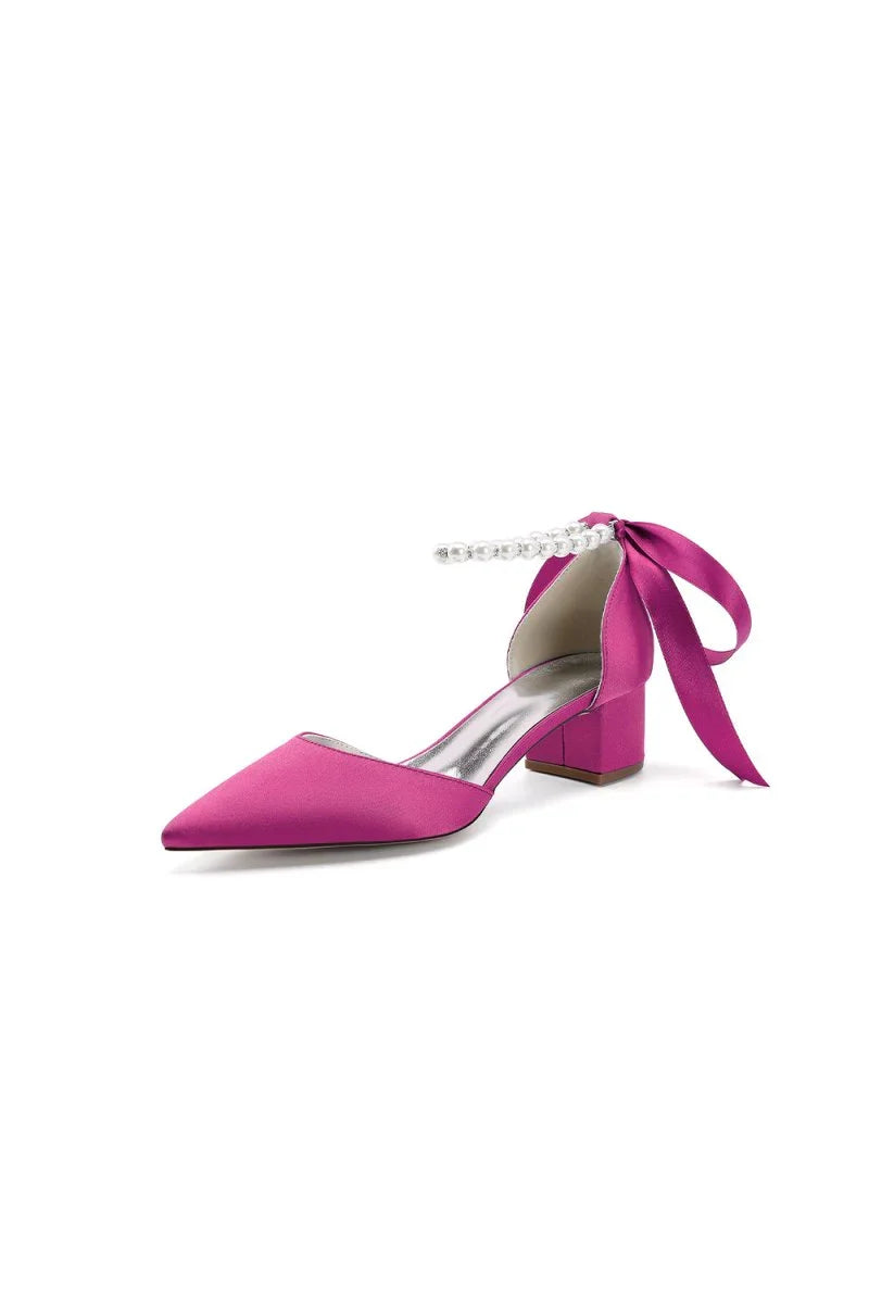 Pointed Toe Satin Pearl Ankle Strap Block Heels With Ribbon Tie
