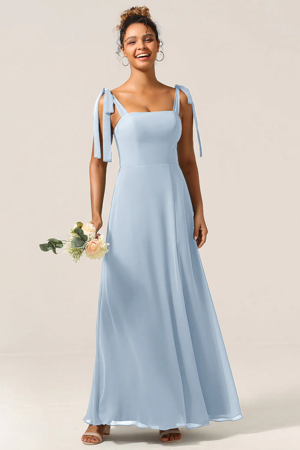 A Line Spaghetti Straps Floor Length Chiffon Bridesmaid Dress with Slit
