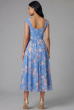 Floral Blue A Line Midi Wedding Guest Dress with Cap Sleeves