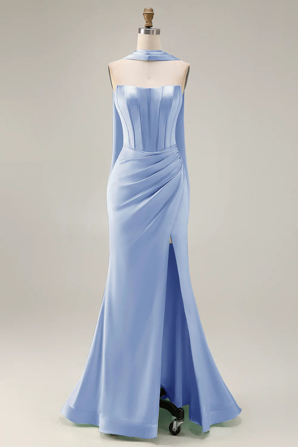 Light Green Strapless Mermaid Corset Ruched Long Prom Dress with Streamer