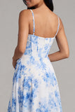 Floral Blue Corset Ruched A Line Midi Wedding Guest Dress with Slit