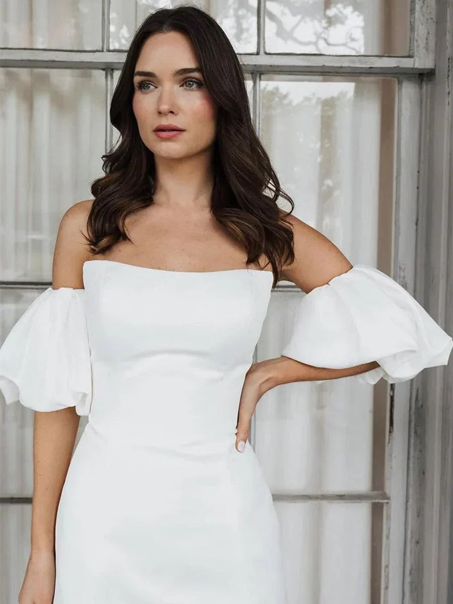 Short Satin White Wedding Dress Strapless Off the Shoulder