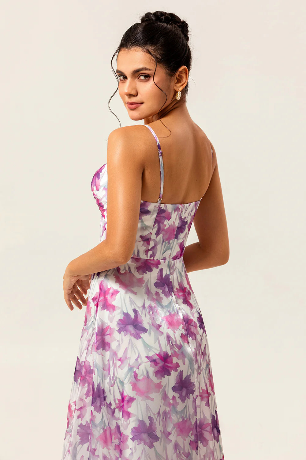 Purple Flower A Line Spaghetti Straps Front Knot Print Maxi Dress with Slit