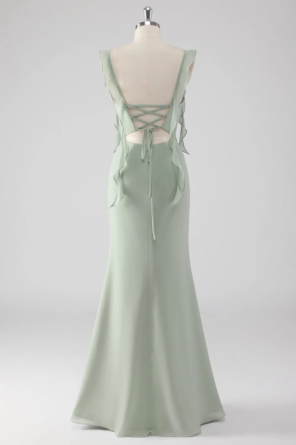 Sage Green Sheath Ruffled Lace Up Back Long Bridesmaid Dress with Slit