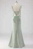 Sage Green Sheath Ruffled Lace Up Back Long Bridesmaid Dress with Slit