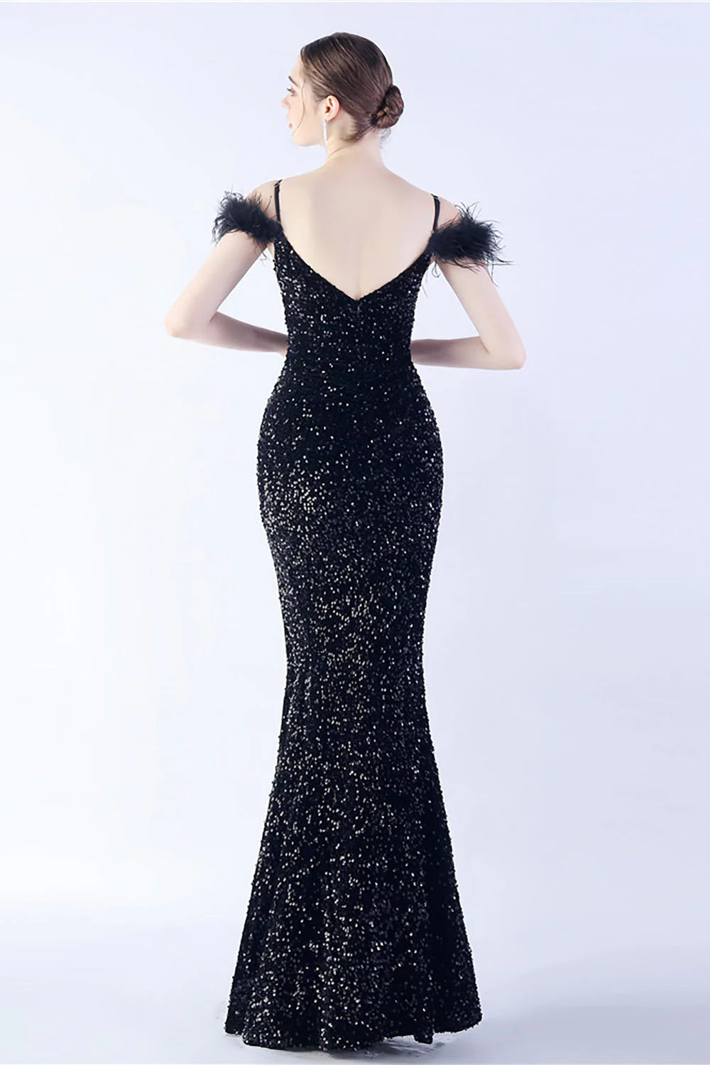 Mermaid Spaghetti Straps Sequin Formal Dress With Feathers