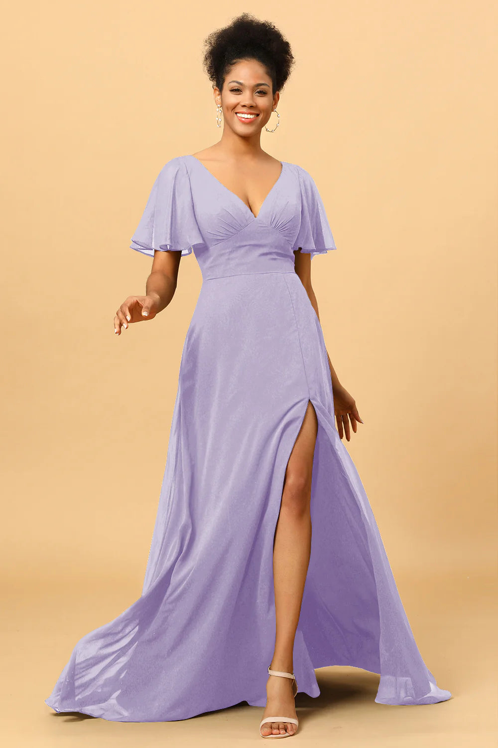 A Line V Neck Long Chiffon Bridesmaid Dress with Slit