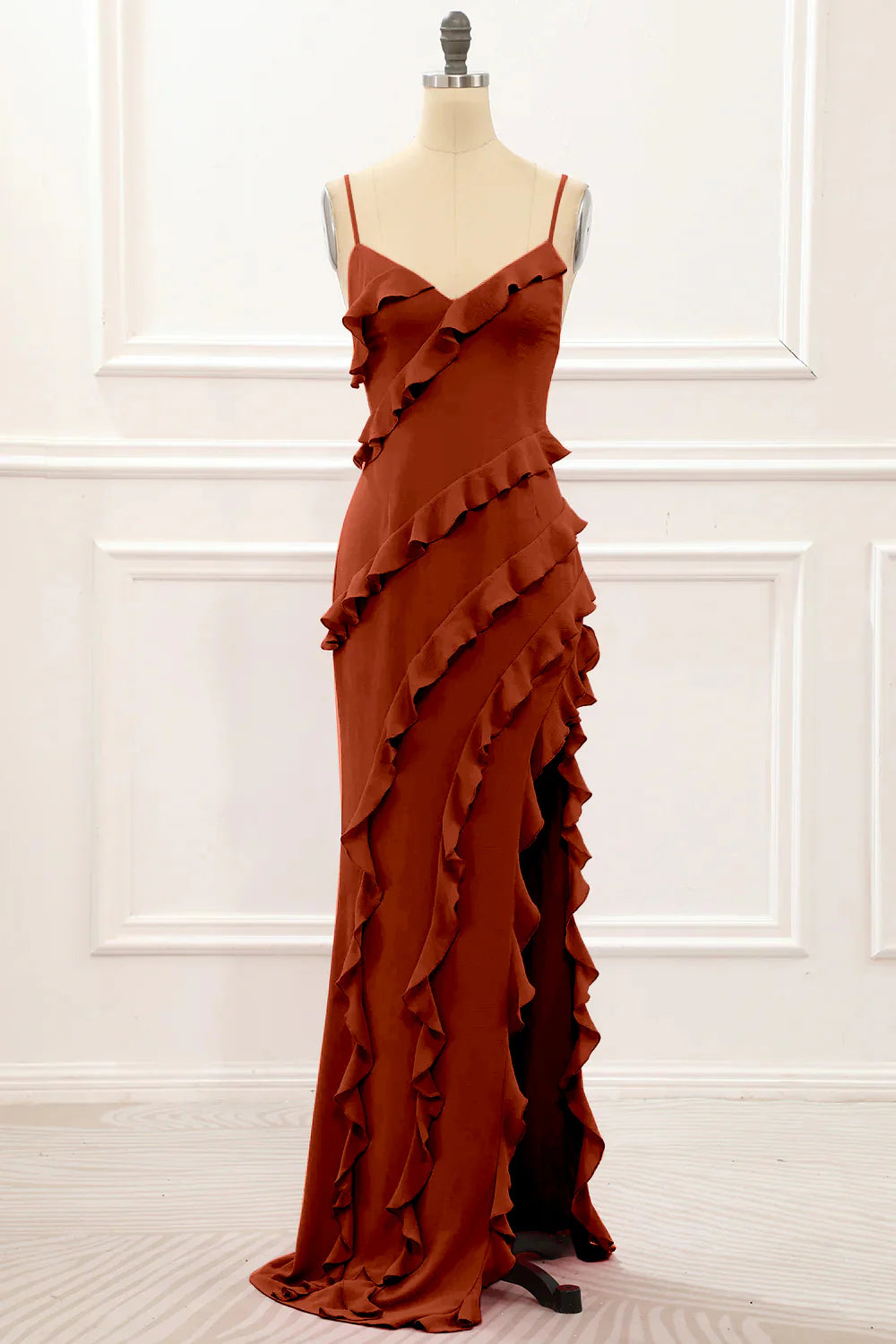 Spaghetti Straps Jade Tiered Mermaid Bridesmaid Dress With Slit