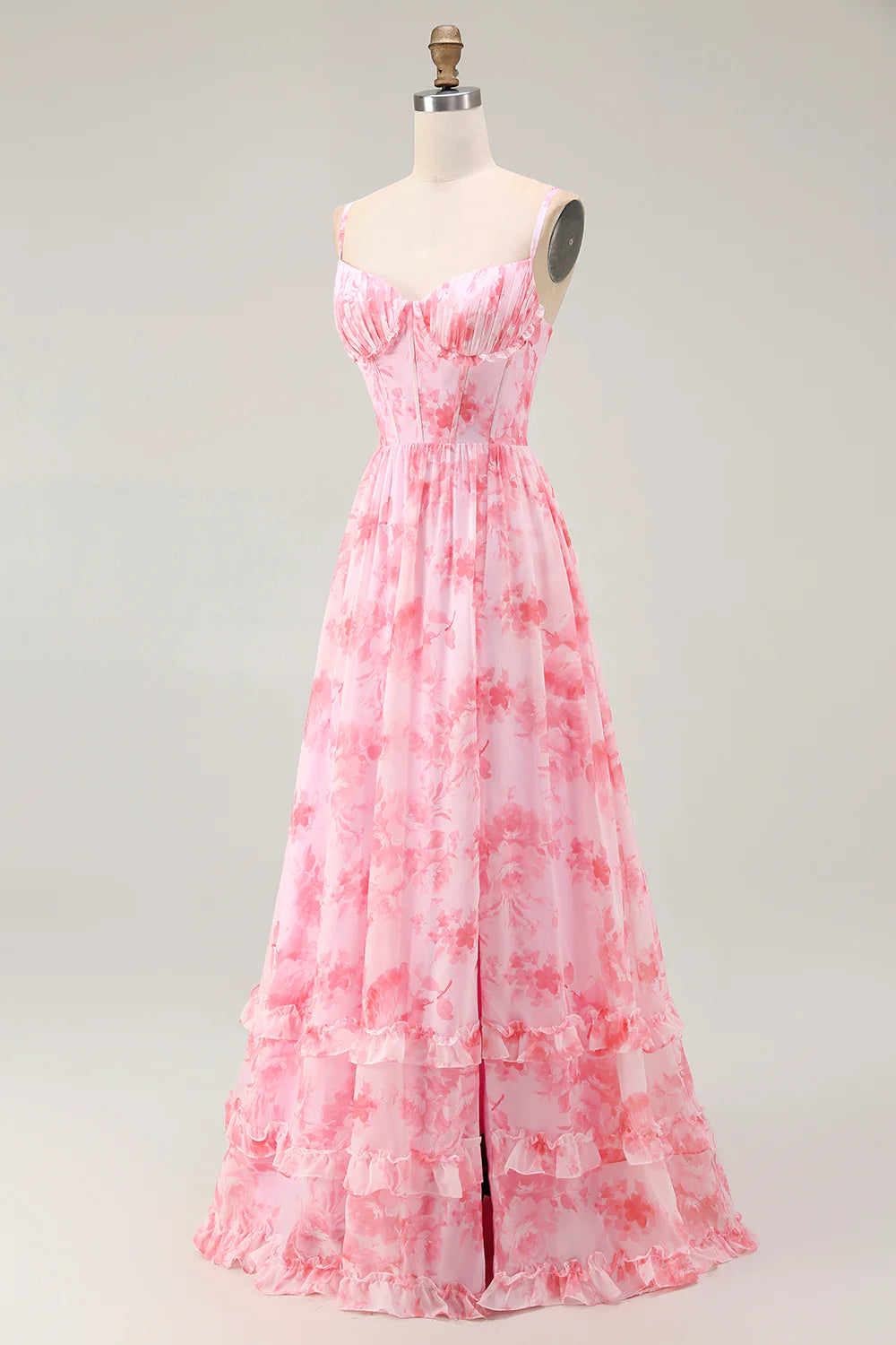 Pink Flower A Line Spaghetti Straps Corset Long Bridesmaid Dress with Ruffles