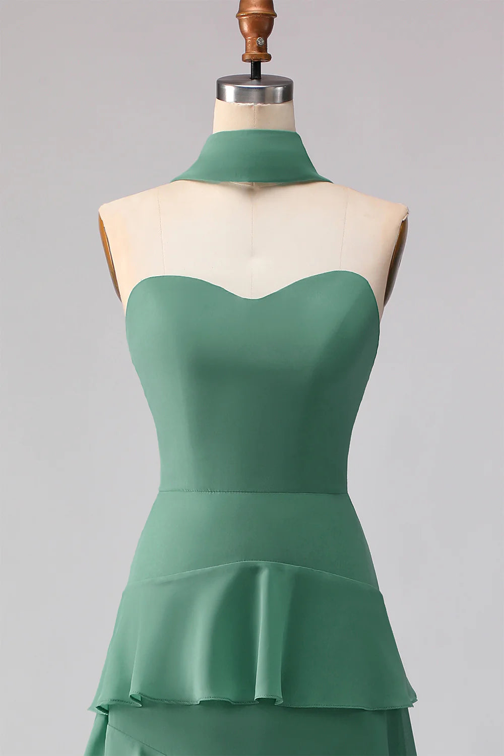 Eucalyptus Sweetheart A Line Tiered Ruffled Long Bridesmaid Dress with Streamer