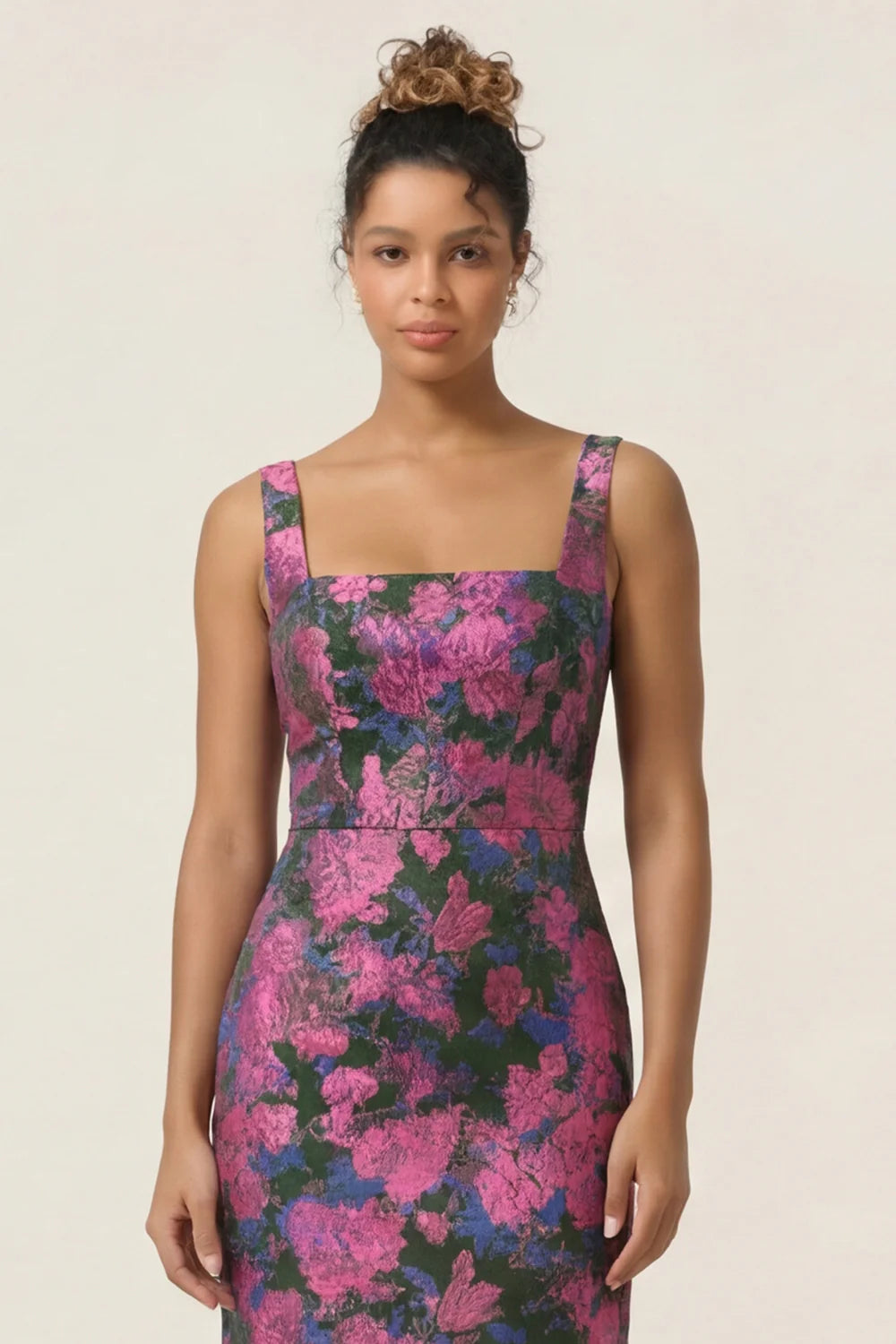 Lilac Flower Sheath Square Neck Ankle Length Wedding Guest Dress