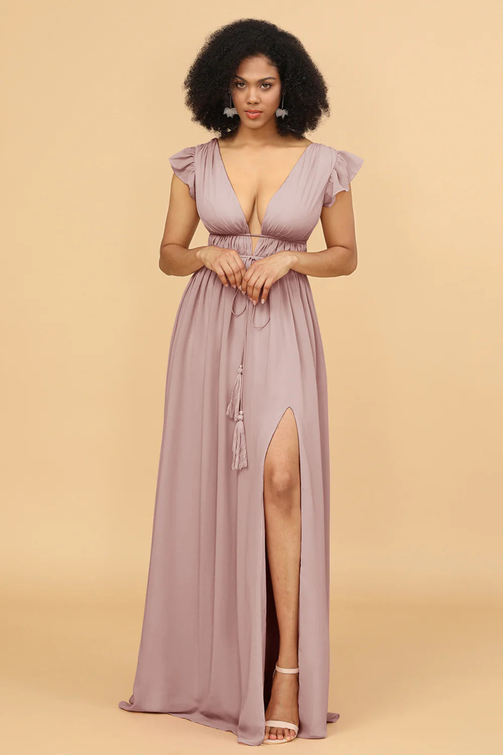 A Line Deep V Neck Long Chiffon Bridesmaid Dress with Slit