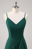 Dark Green A Line Spaghetti Straps Ruffled Chiffon Floor Length Bridesmaid Dress with Slit