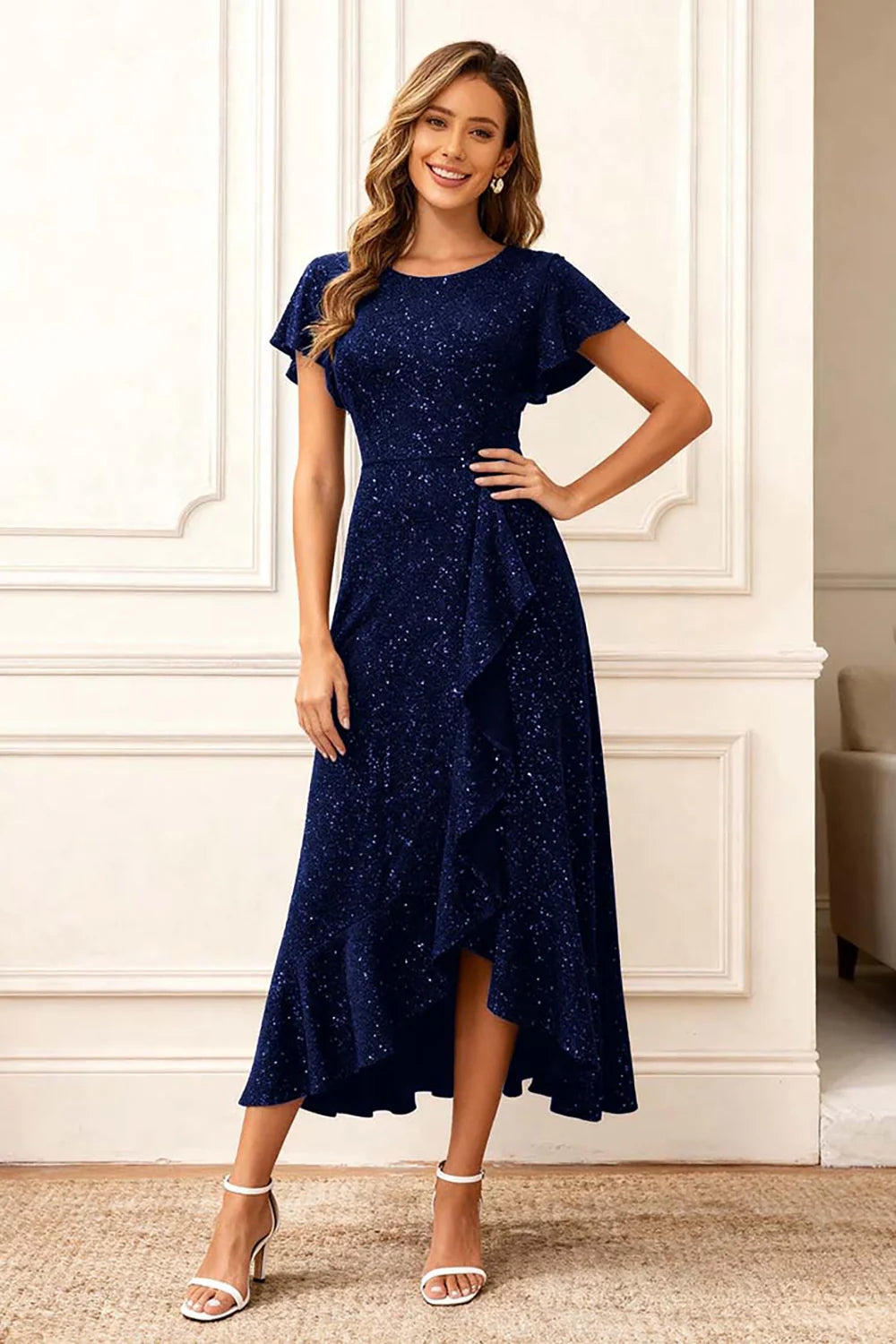 Glitter Black A Line Round Neck Ruffled Holiday Party Dress