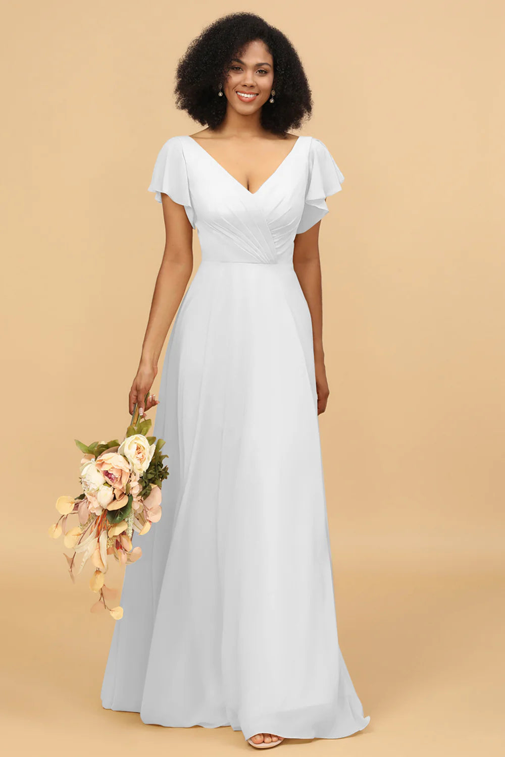 V Neck Cape Long Floor Length Chiffon Bridesmaid Dress