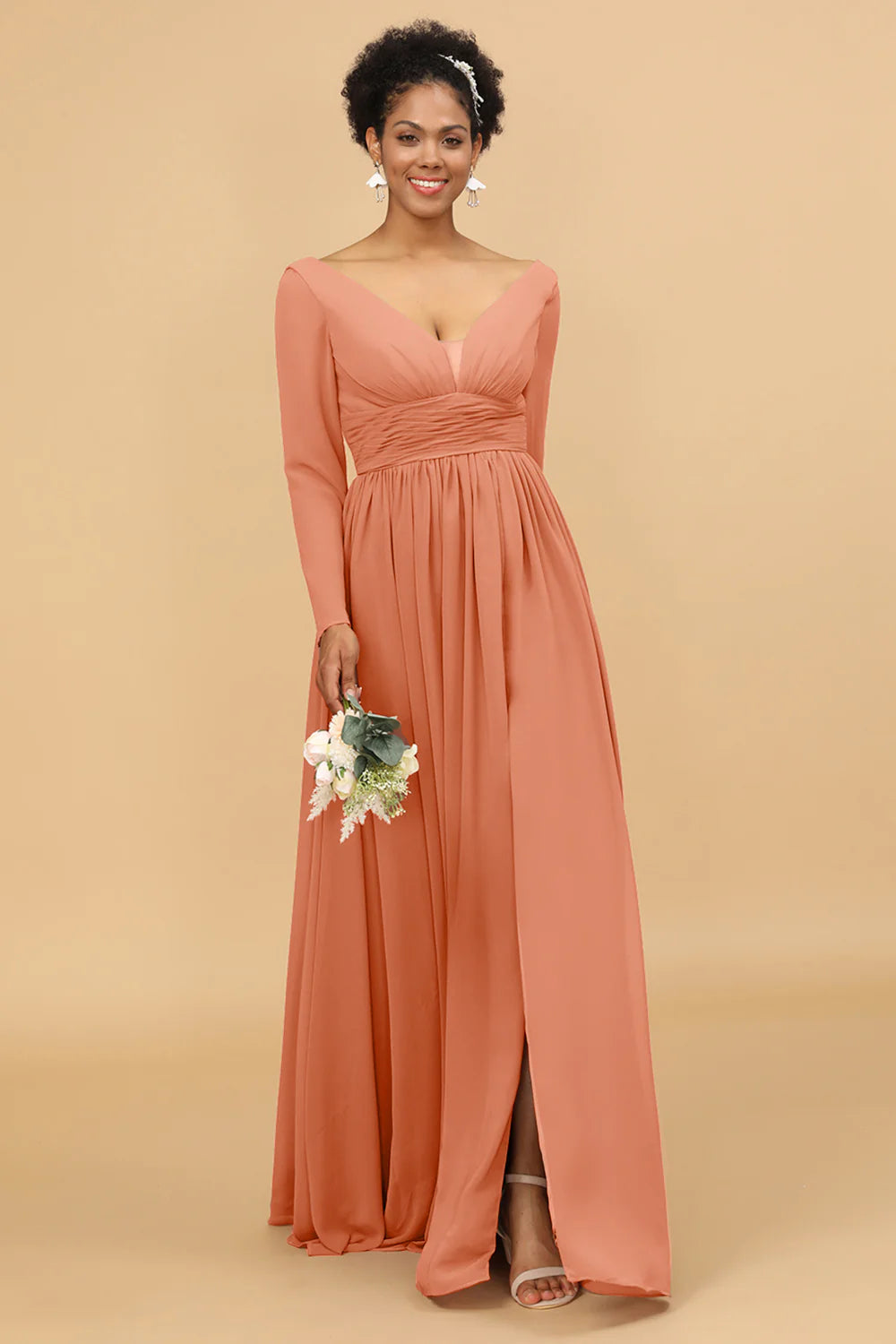 A Line V Neck Long Sleeves Chiffon Bridesmaid Dress with Slit
