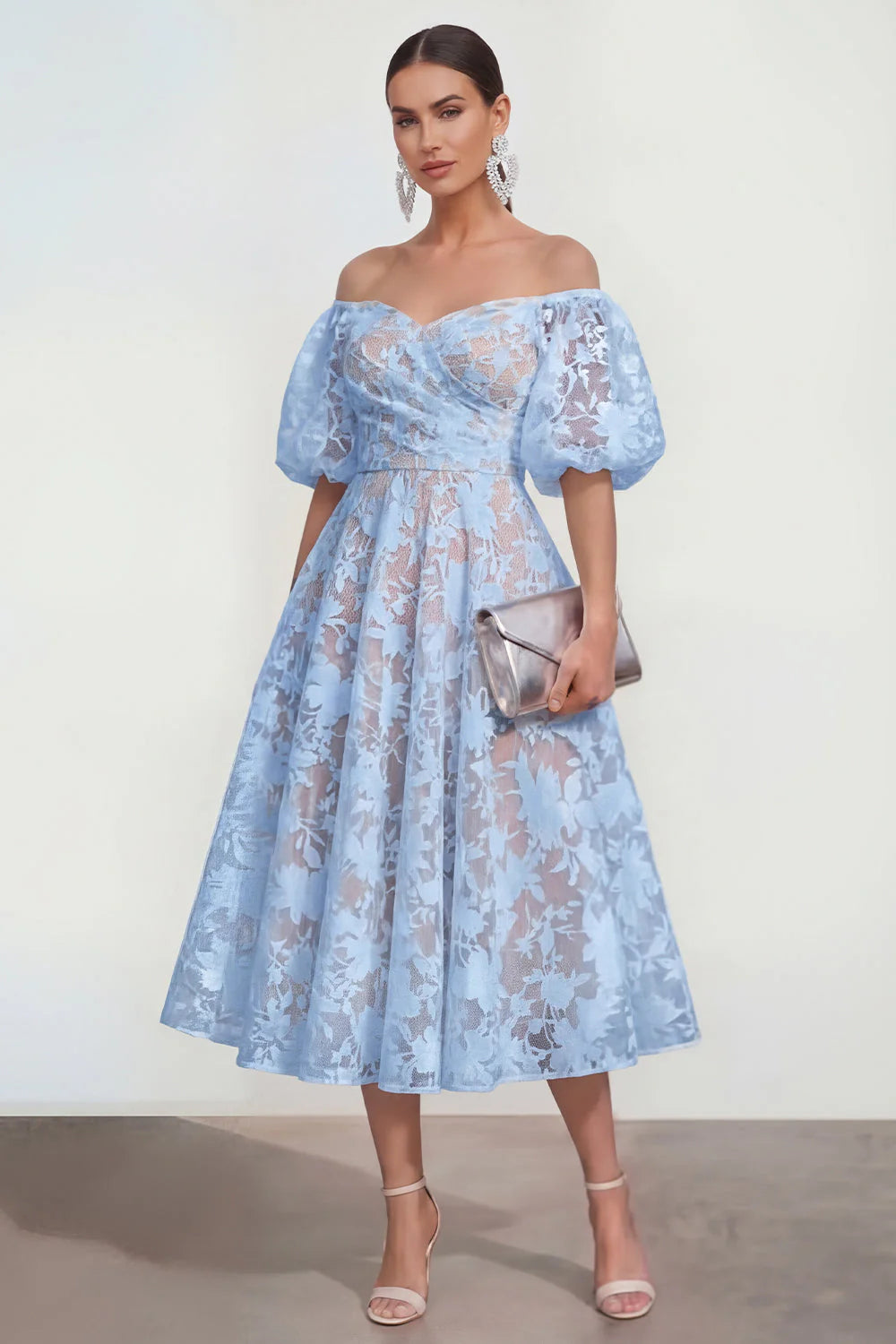 Floral Pink Off the Shoulder A Line Midi Wedding Guest Dress