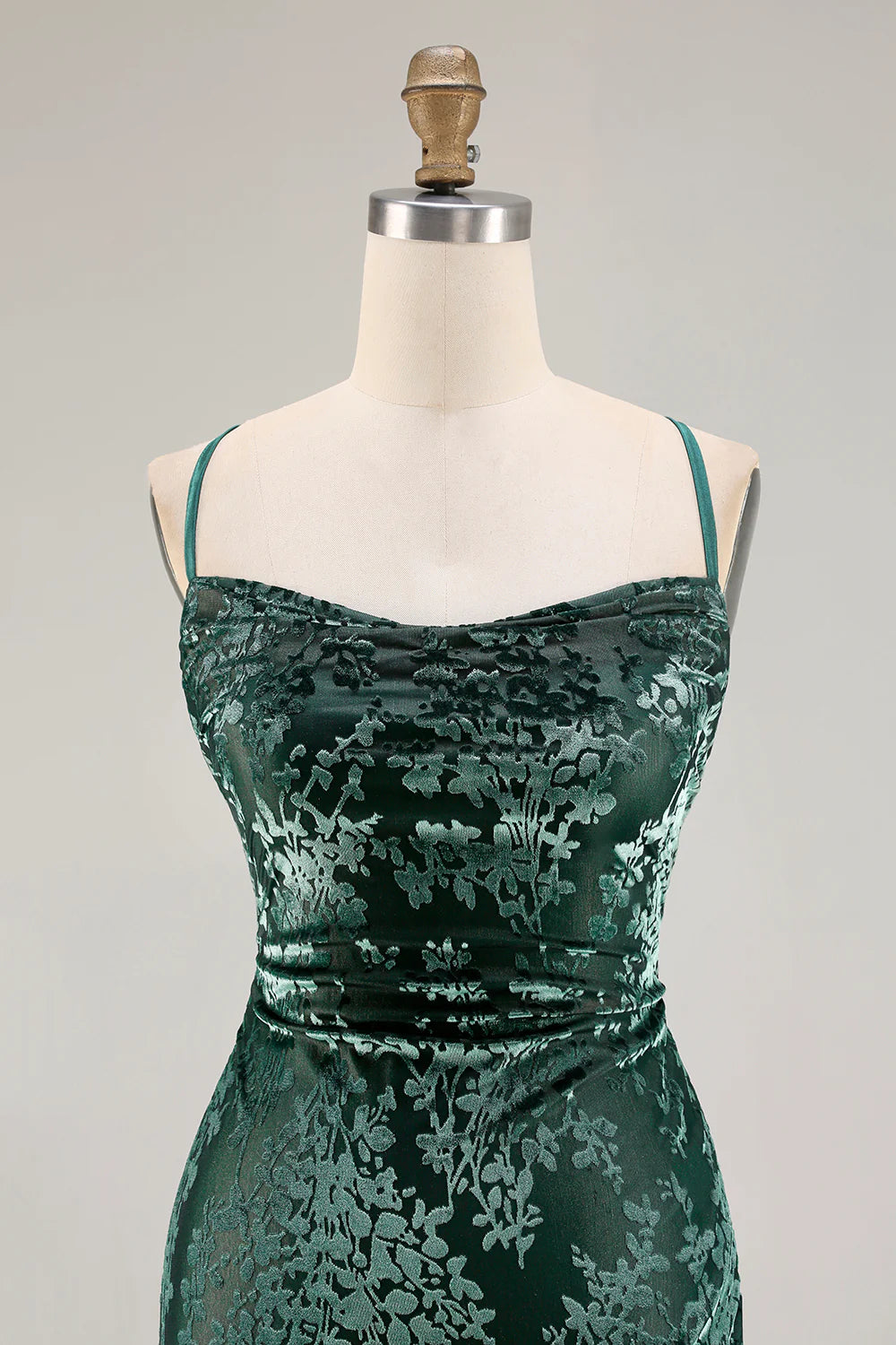 Dark Green Sheath Burnout Velvet Spaghetti Straps Maxi Dress with Lace Up Back