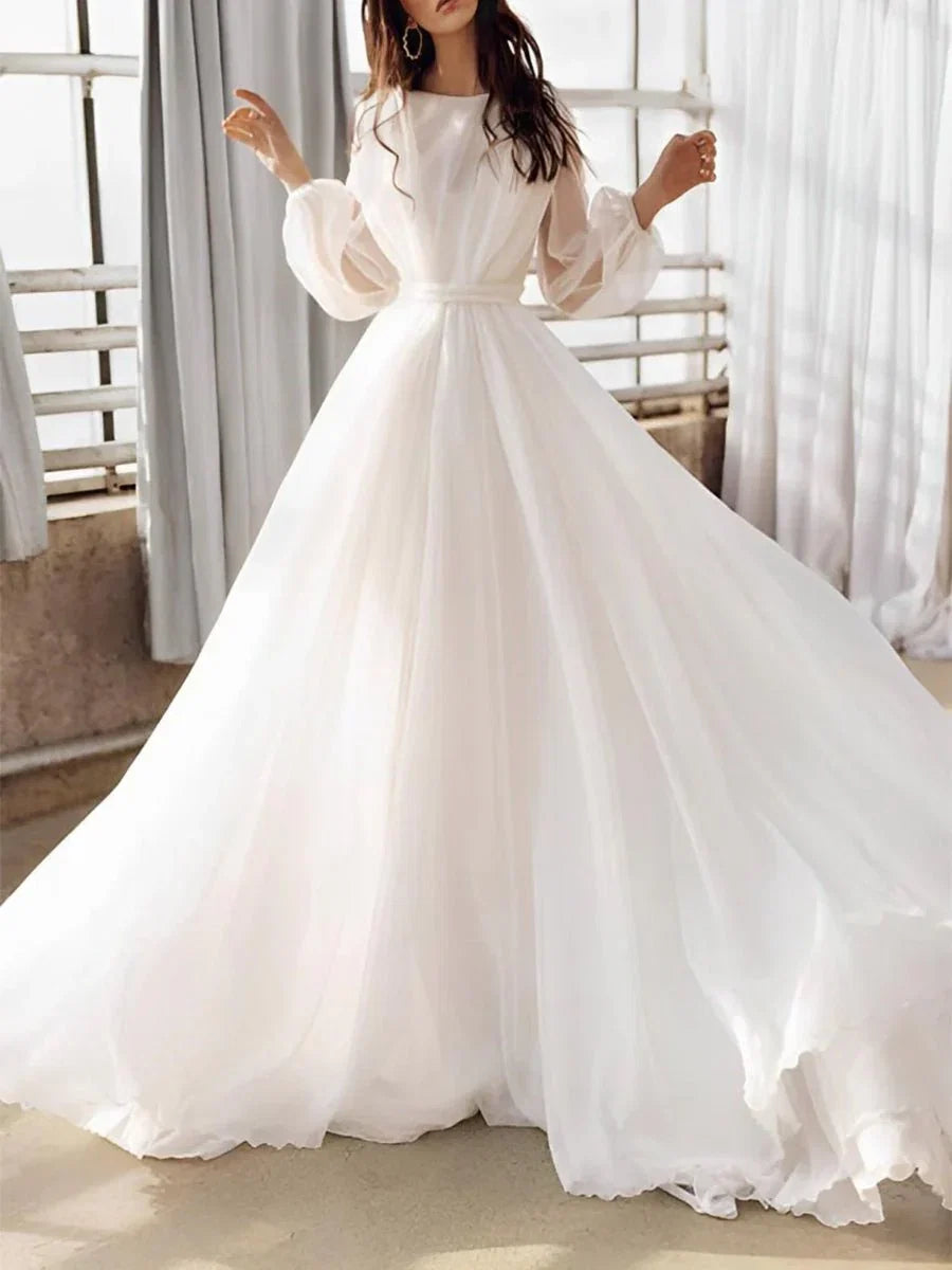 A Line Illusion Neck Long Sleeves Sweep Train Organza Wedding Dresses
