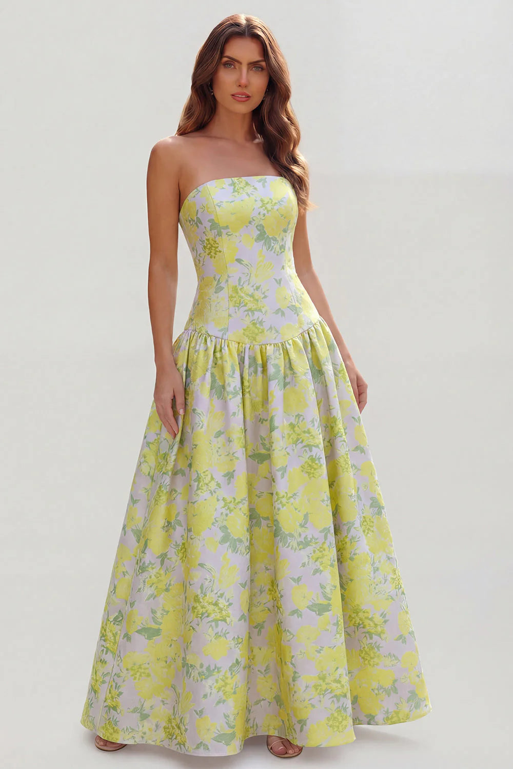 Blue White Flower Printed Strapless A Line Long Wedding Guest Dress