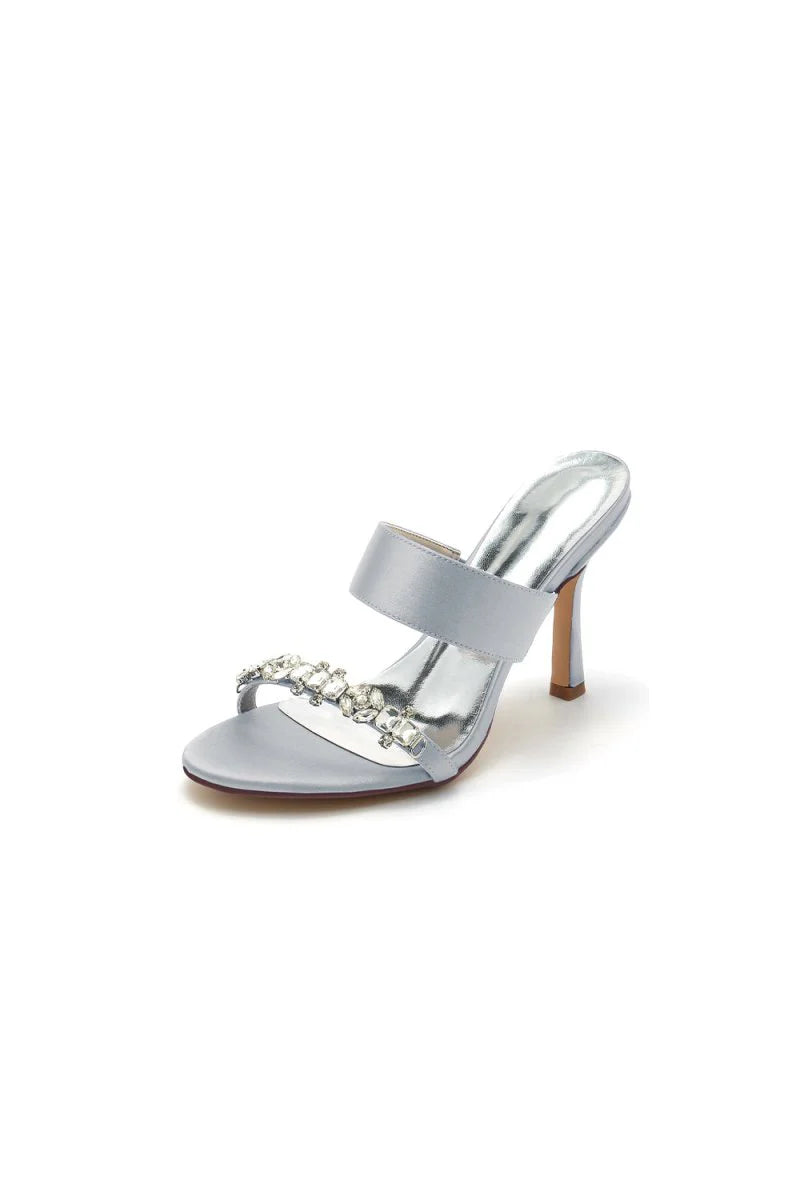 Open Toe Satin Strap Slip On High Heels With Rhinestone