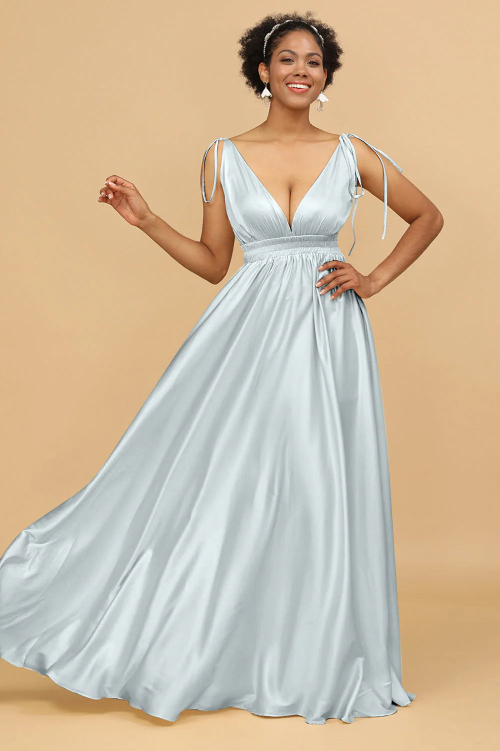 A Line Deep V Neck Backless Floor Length Bridesmaid Dress