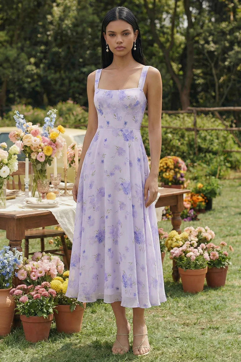 Floral Lilac A Line Square Neck Midi Wedding Guest Dress