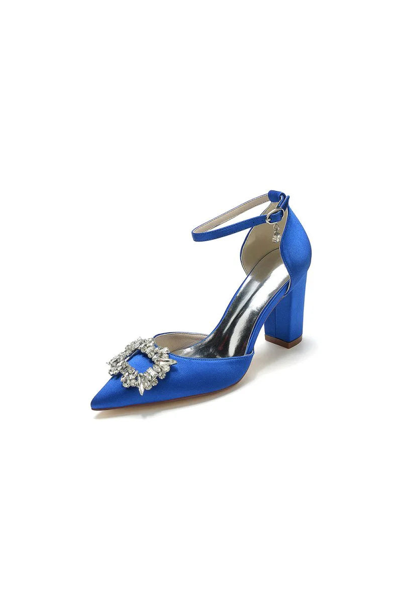 Rhinestone Pointed Toe Ankle Strap Buckle Chunky Heel