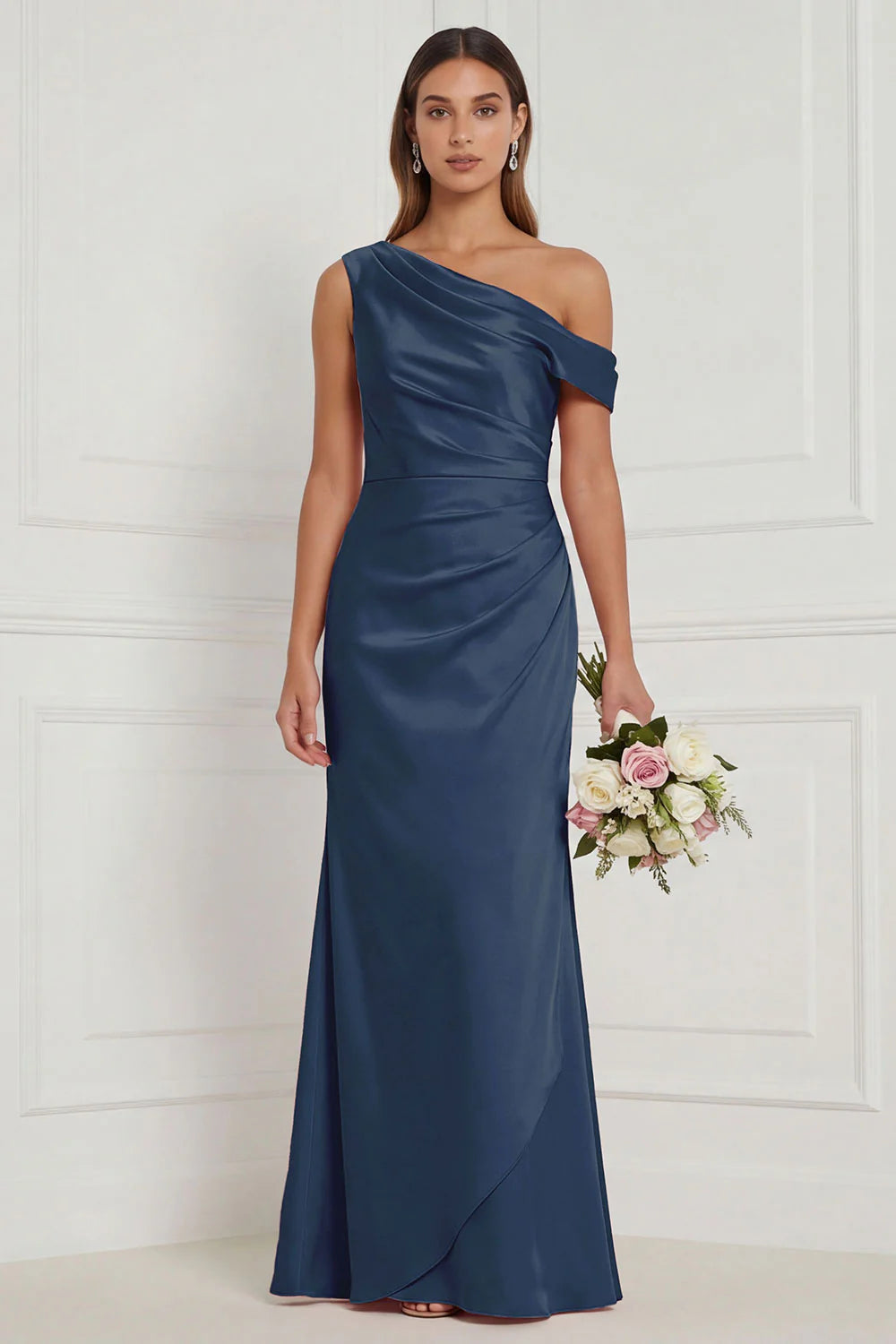 Burnt Orange Asymmetrical Neck Mermaid Ruched Satin Bridesmaid Dress
