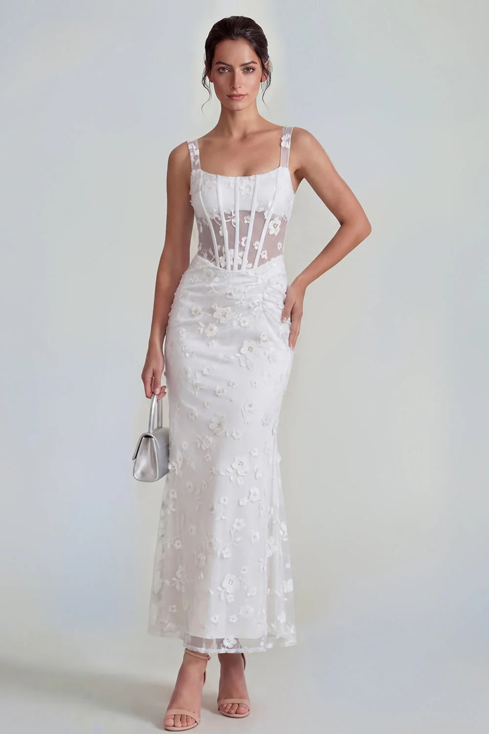 Floral Pink Ruched Mermaid Corset Wedding Guest Dress
