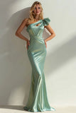 Sage Green Mermaid One Shoulder 3D Flower Cut Out Long Formal Dress