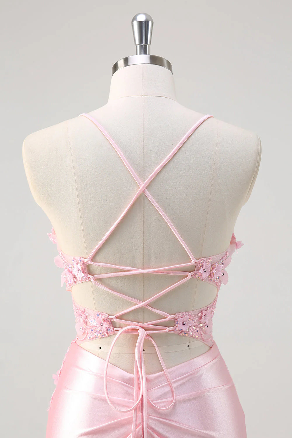 Pink Mermaid Spaghetti Straps Corset Floral Ruched Beaded Prom Dress with Slit