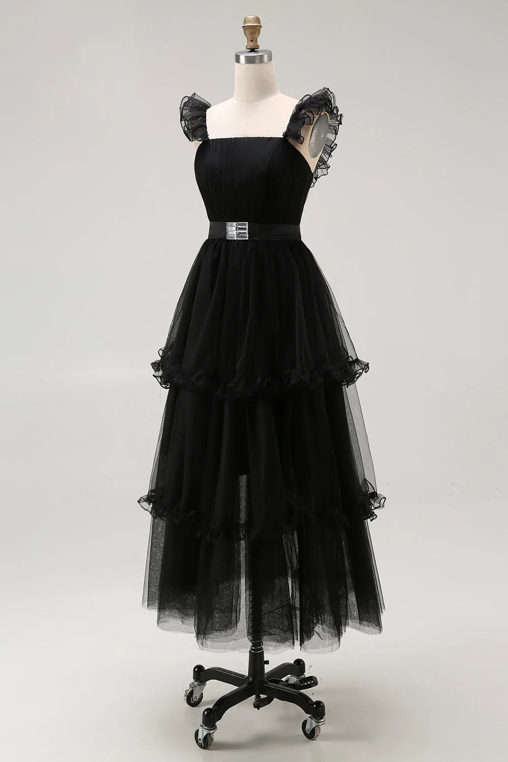 Black A Line Tulle Spaghetti Straps Ruffled Prom Dress