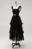 Black A Line Tulle Spaghetti Straps Ruffled Prom Dress