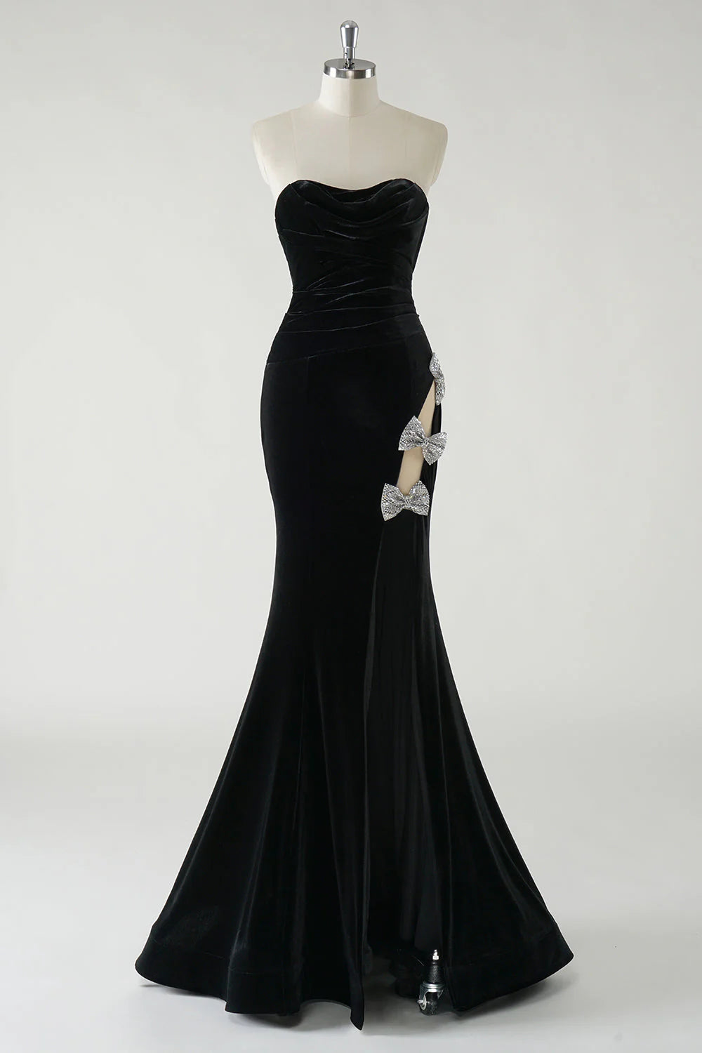Sparkly Black Mermaid Strapless Velvet Bows Long Prom Dress With High Slit