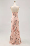 Blush Sheath Strapless Satin Print Long Flower Bridesmaid Dress with Slit
